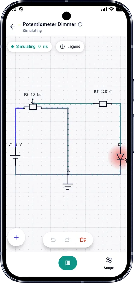 Ohmira on an Android phone, showing a circuit simulating with coloured wires