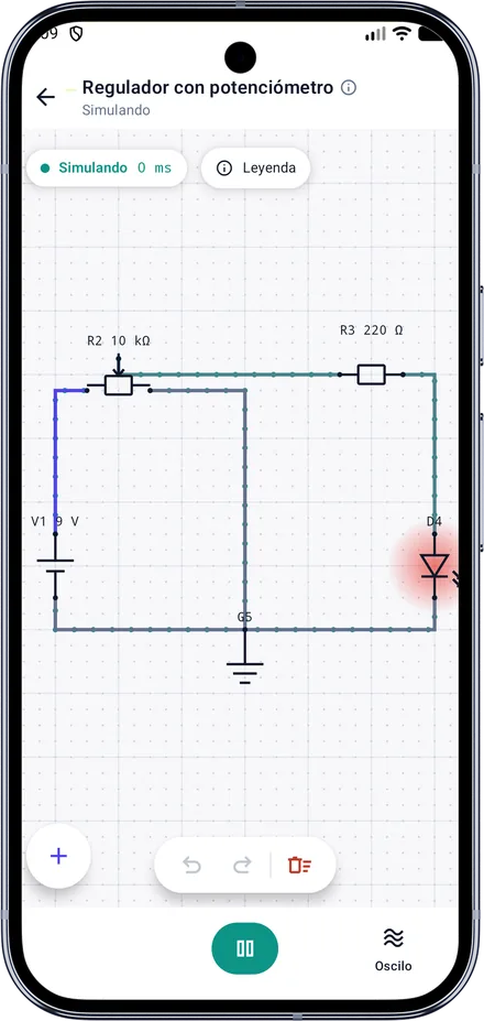 Ohmira en un teléfono Android, con un circuito en simulación y sus cables de colores