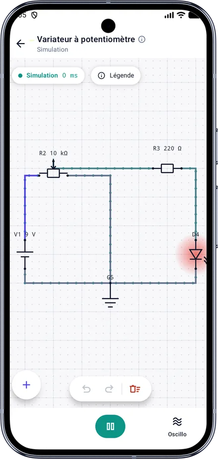 Ohmira sur téléphone Android, un circuit en simulation avec ses fils colorés