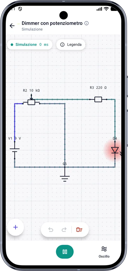 Ohmira su un telefono Android, con un circuito in simulazione e i fili colorati