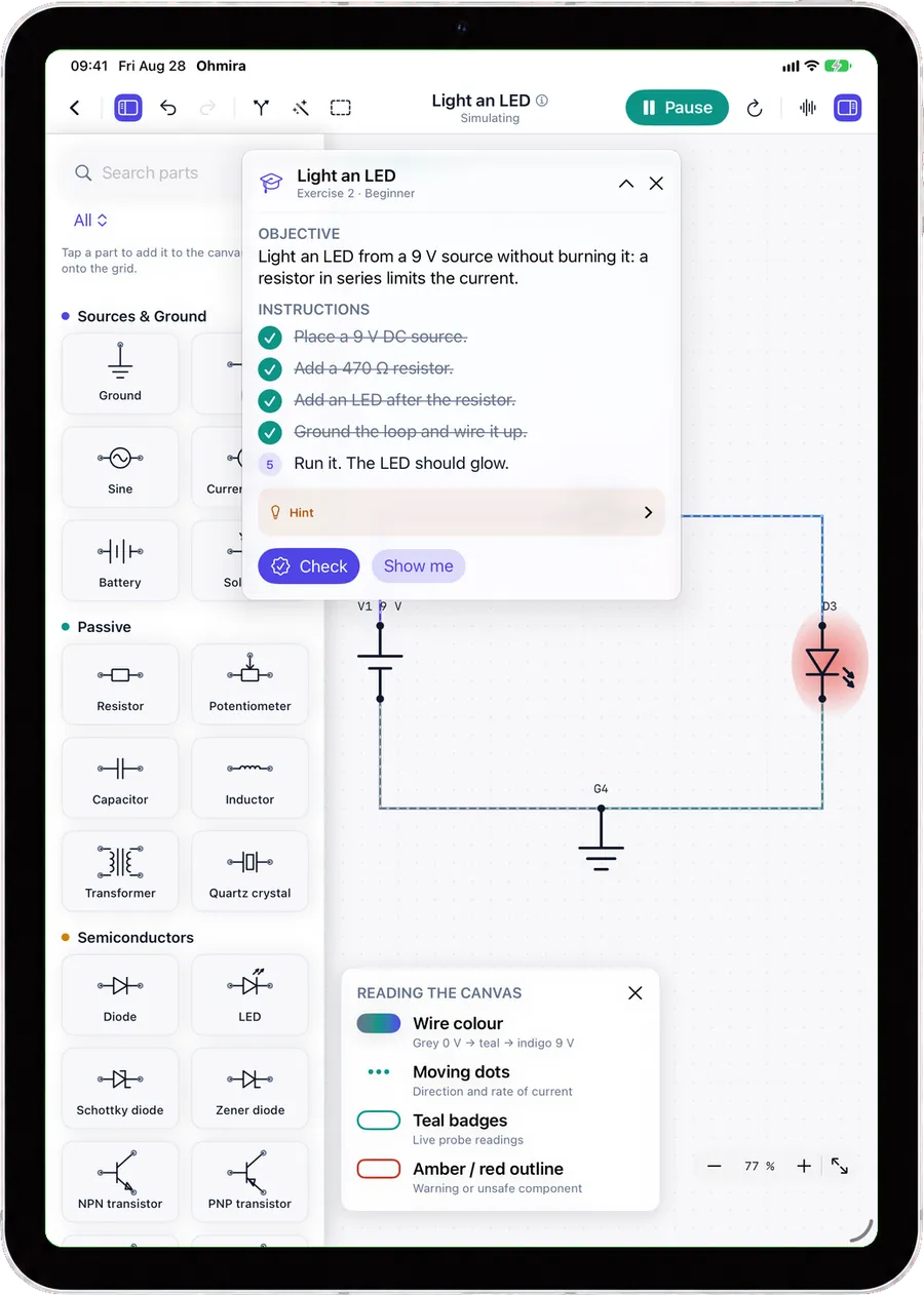 An Ohmira exercise brief floating over the iPad canvas, with its instructions ticking off