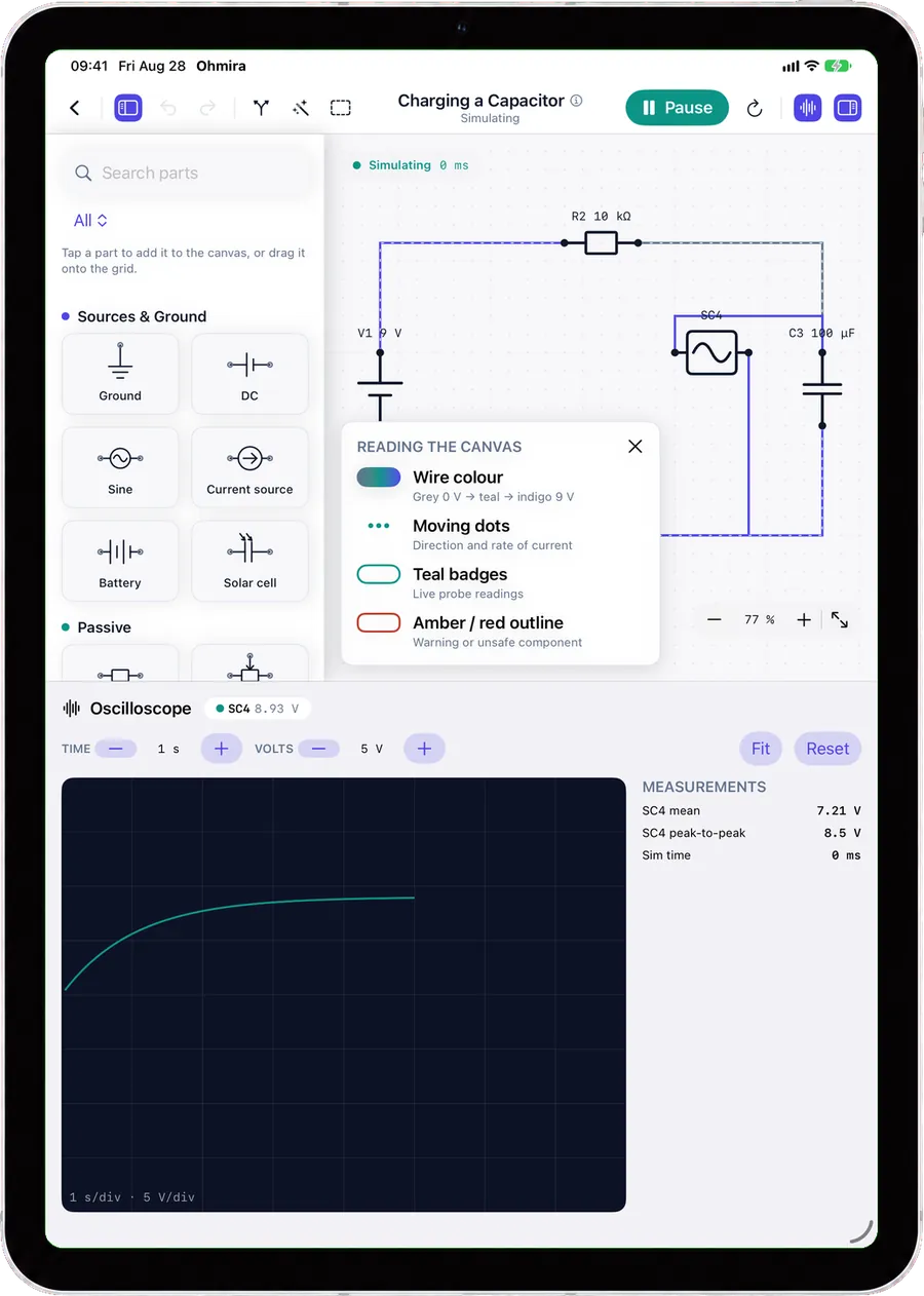 The Ohmira oscilloscope on iPad, showing a capacitor charging curve beside the circuit