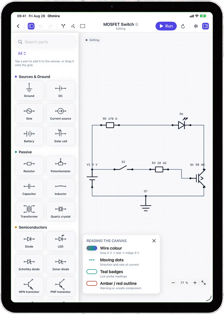 The Ohmira parts palette, showing component categories