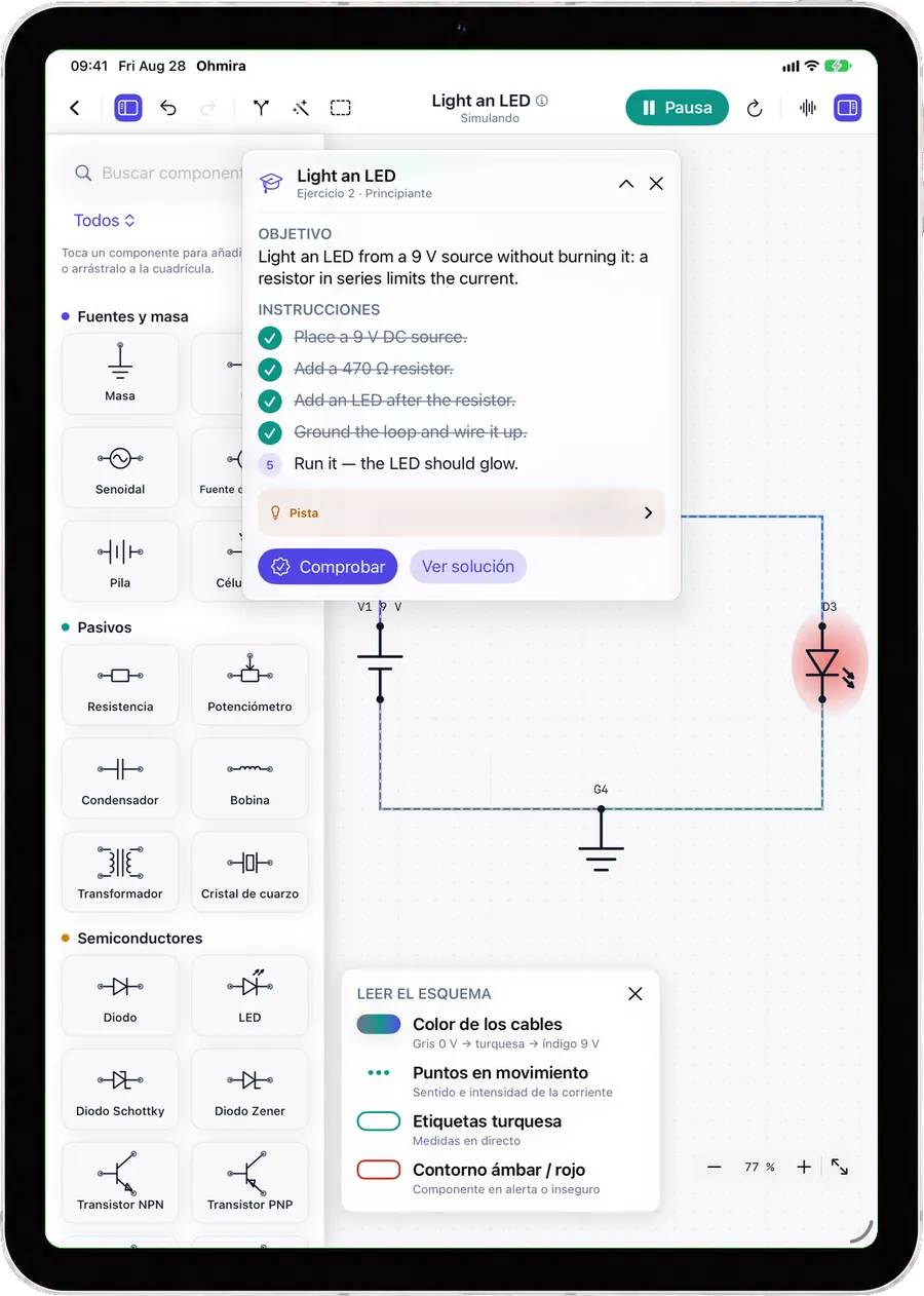 Un enunciado de ejercicio de Ohmira sobre el lienzo del iPad, con sus instrucciones marcándose