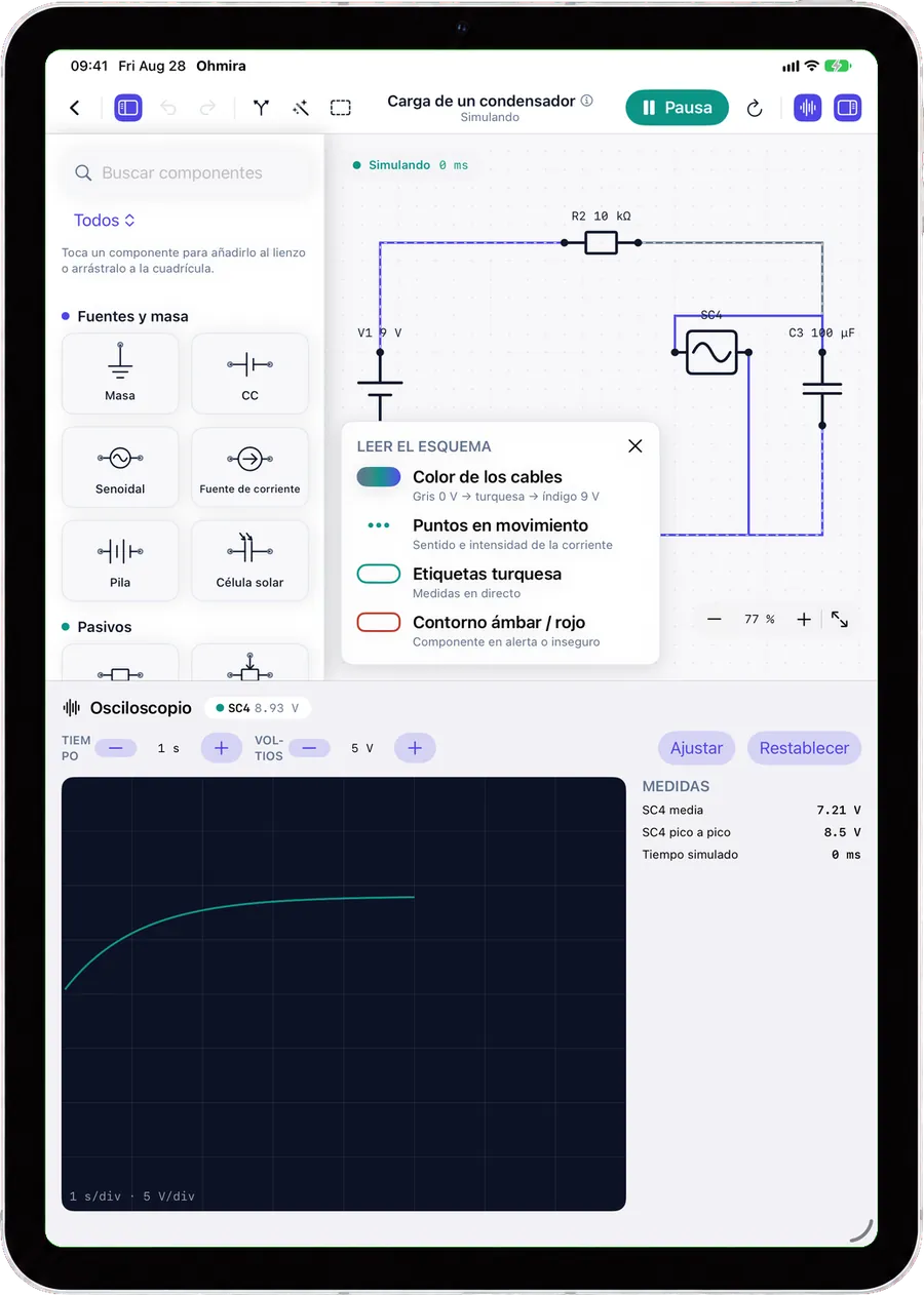 El osciloscopio de Ohmira en el iPad, con la curva de carga de un condensador junto al circuito