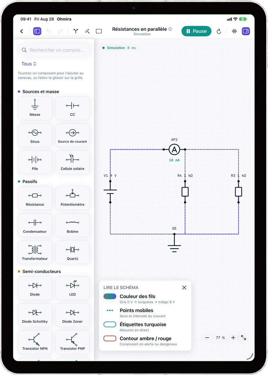 Ohmira sur iPad : la palette de composants, deux résistances en parallèle en cours de simulation, et la légende du canevas