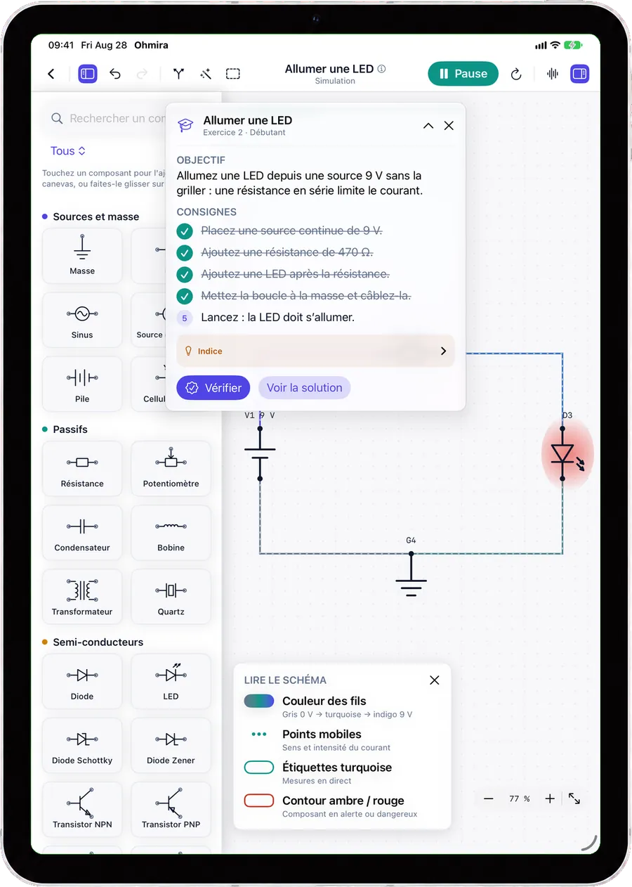 Une consigne d'exercice Ohmira flottant sur le canevas iPad, avec ses instructions qui se cochent