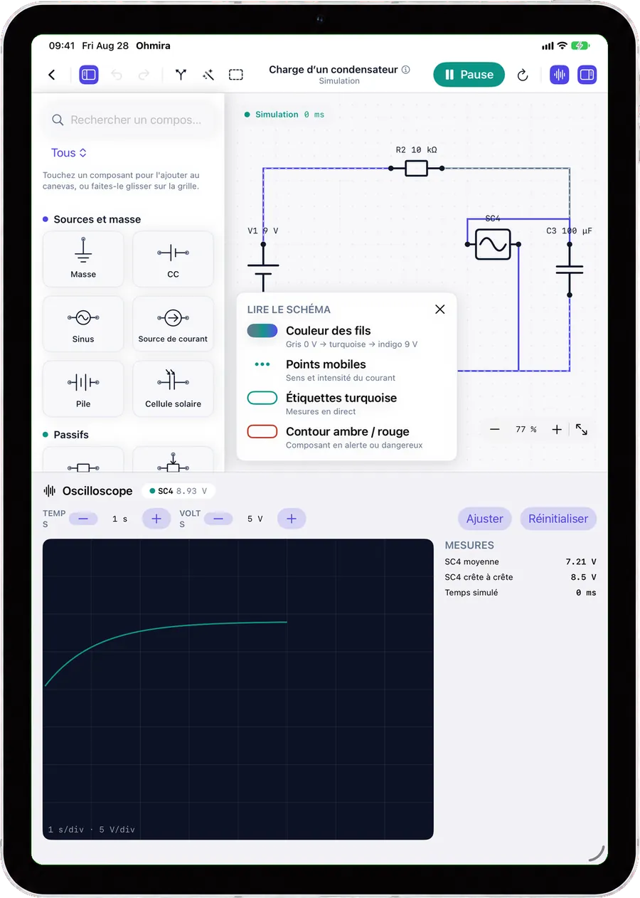 L'oscilloscope d'Ohmira sur iPad, montrant la charge d'un condensateur à côté du circuit