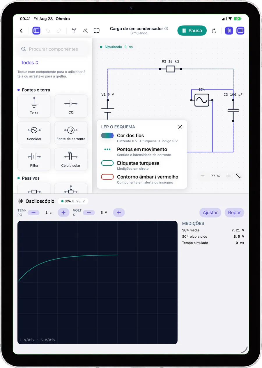 O osciloscópio do Ohmira no iPad, com a curva de carga de um condensador ao lado do circuito