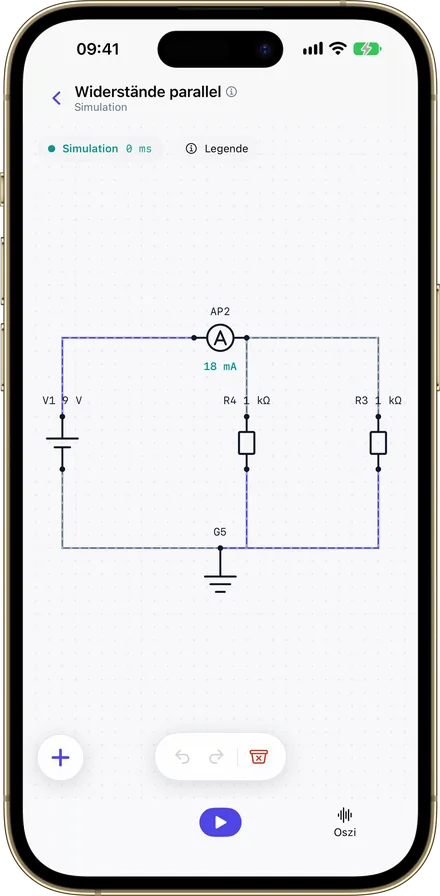 Ohmira auf dem iPhone mit einer laufenden Schaltung und gefärbten Leitungen