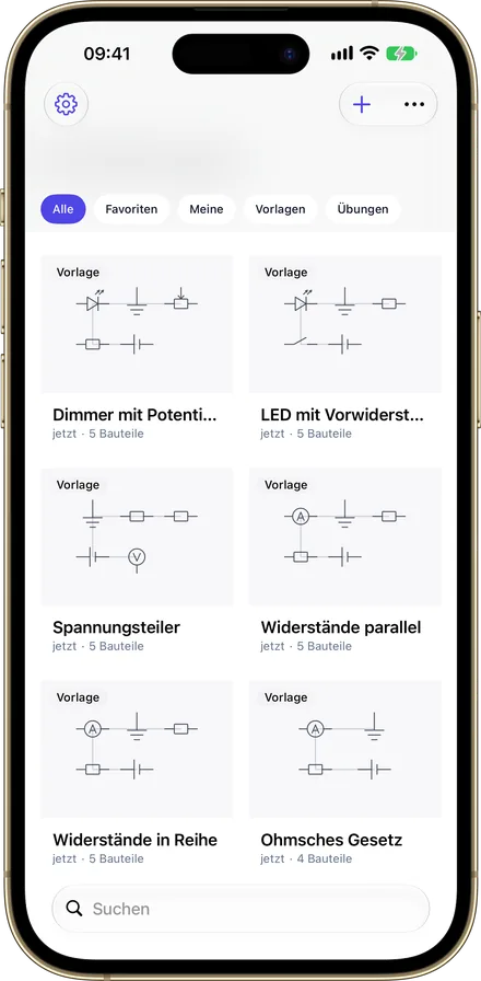 Die Ohmira-Bibliothek auf dem iPhone mit gespeicherten Schaltungen als Vorschaubilder