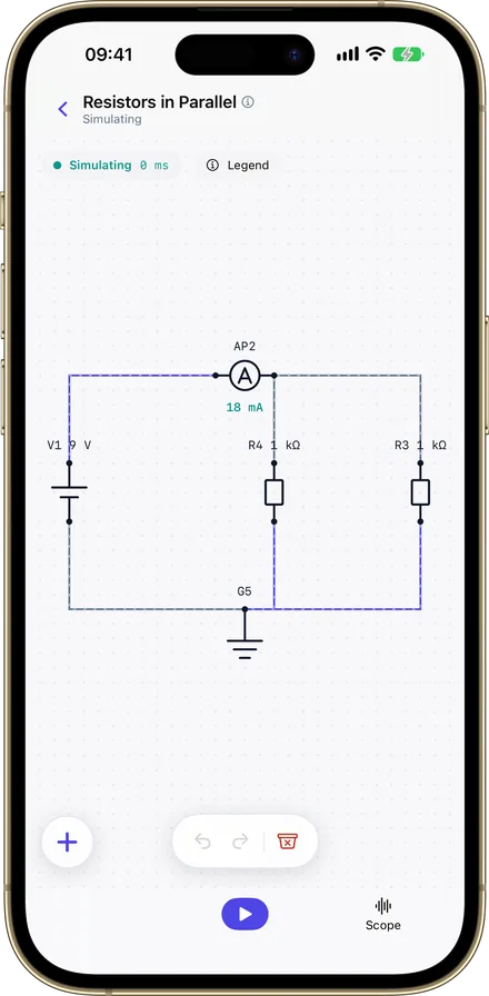 Ohmira on iPhone, showing a circuit simulating with coloured wires
