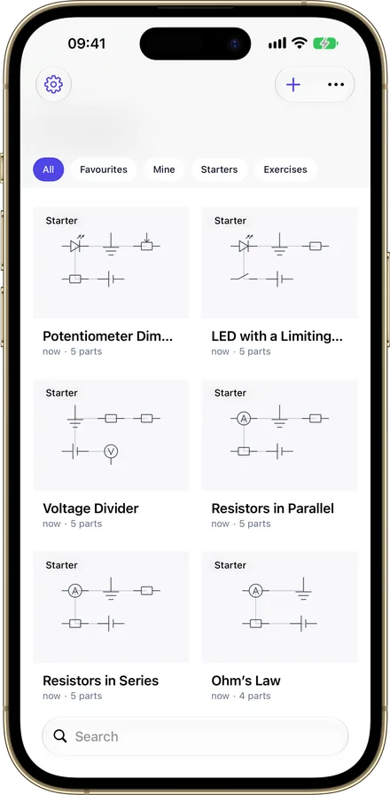 The Ohmira library on iPhone, showing saved circuits as thumbnails with their names