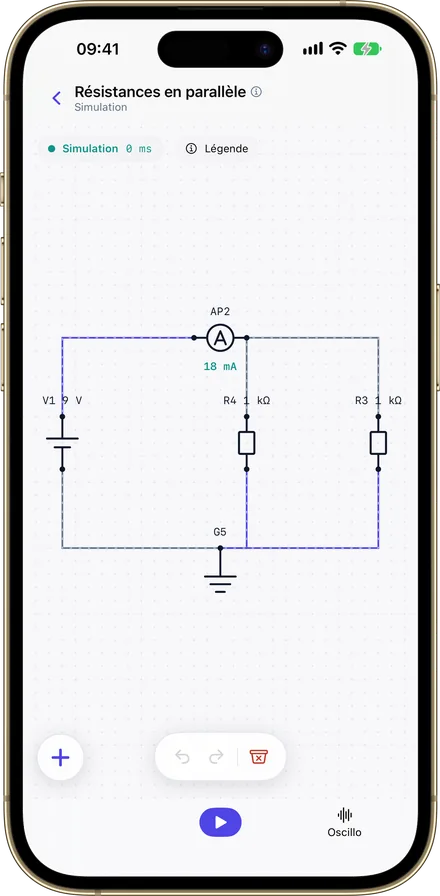 Ohmira sur iPhone, un circuit en simulation avec ses fils colorés