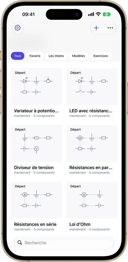 La bibliothèque Ohmira sur iPhone, avec les circuits enregistrés en vignettes