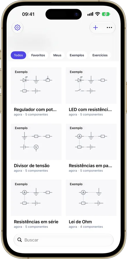 A biblioteca do Ohmira no iPhone, com os circuitos guardados em miniaturas